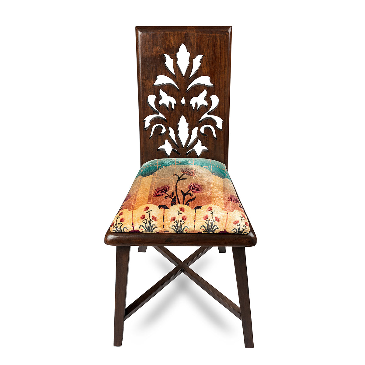 Plum Blossom Teak Wood Jaali With Cushioned seat upholstered with organic woven cotton Chair