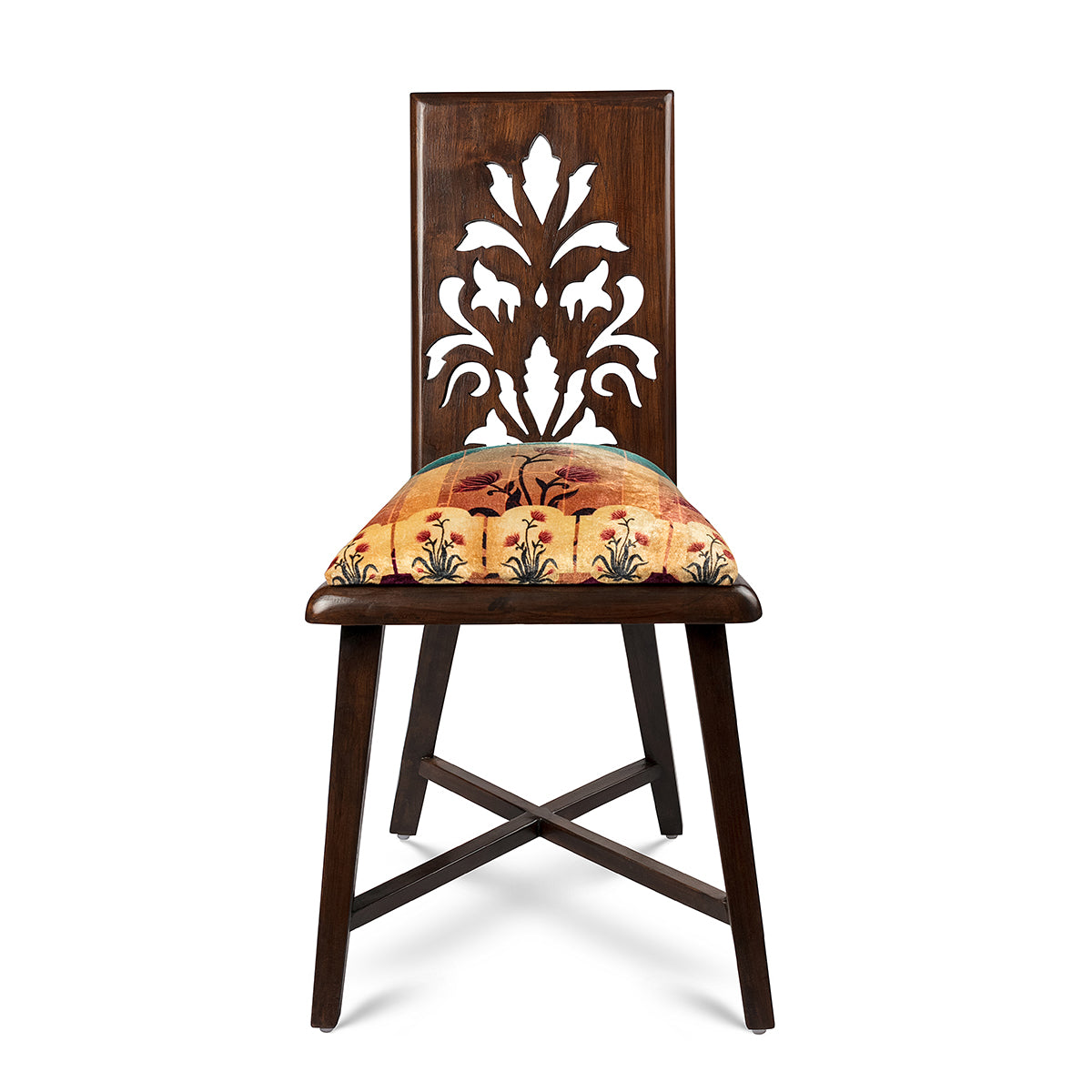 Plum Blossom Wooden Chair With Soft Velvet Seat Jaali Chair