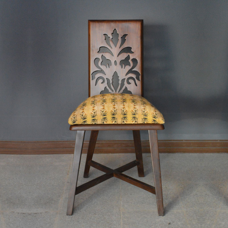 Yellow Motif Teak Wood Jaali With Cushioned seat upholstered with organic woven Cotton Chair