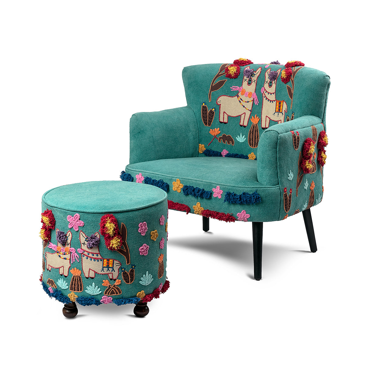 The Applique Llama Chair & Stool Set - Artychoke