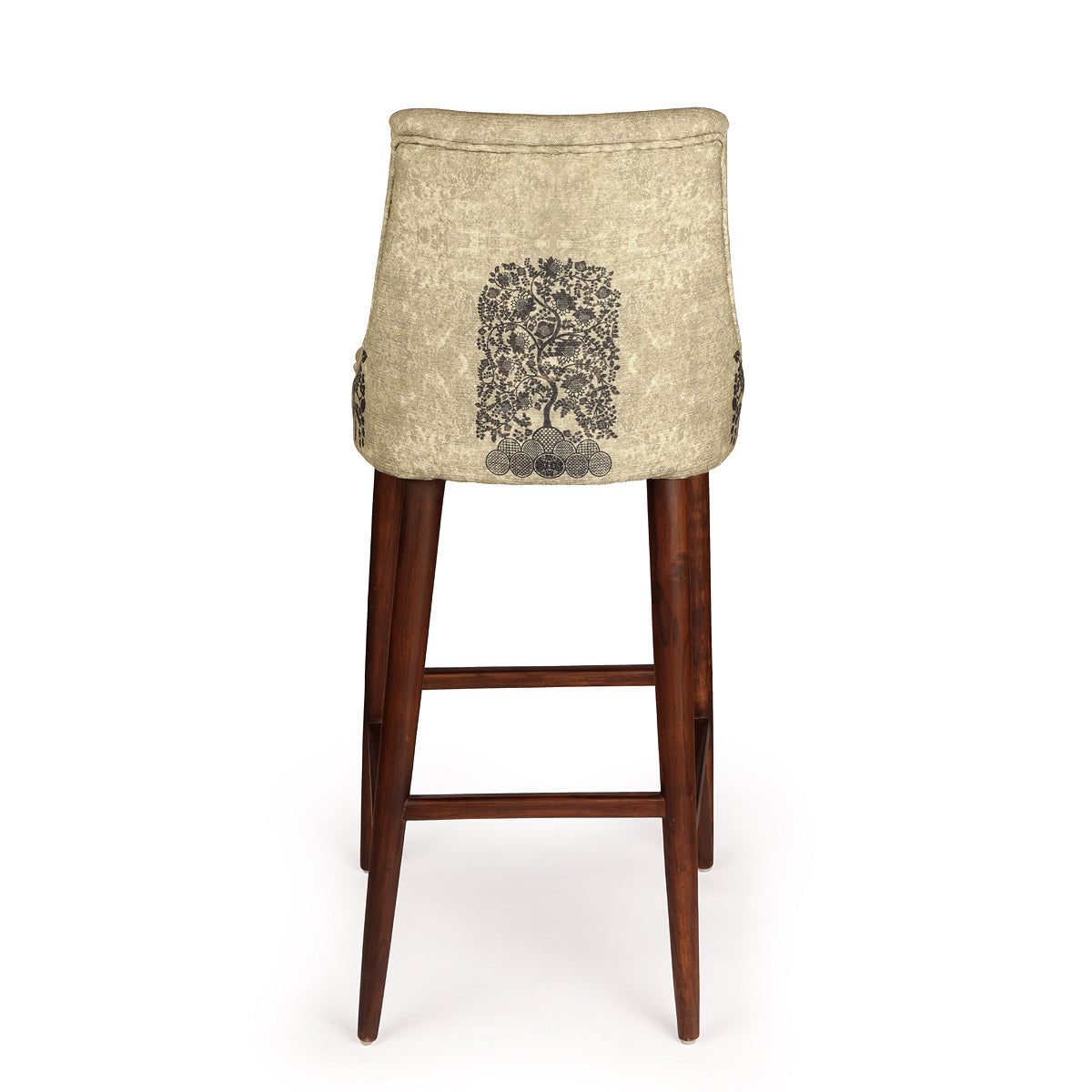 Back View Peacock Boota luxurious woven cotton and teak wood Bar Chair