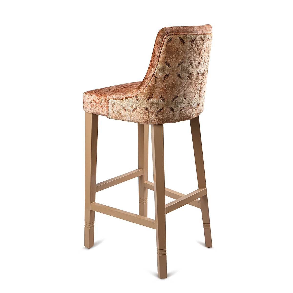 Side View luxurious Parrot Pink Velvet Wood four-legged high barstool Chair