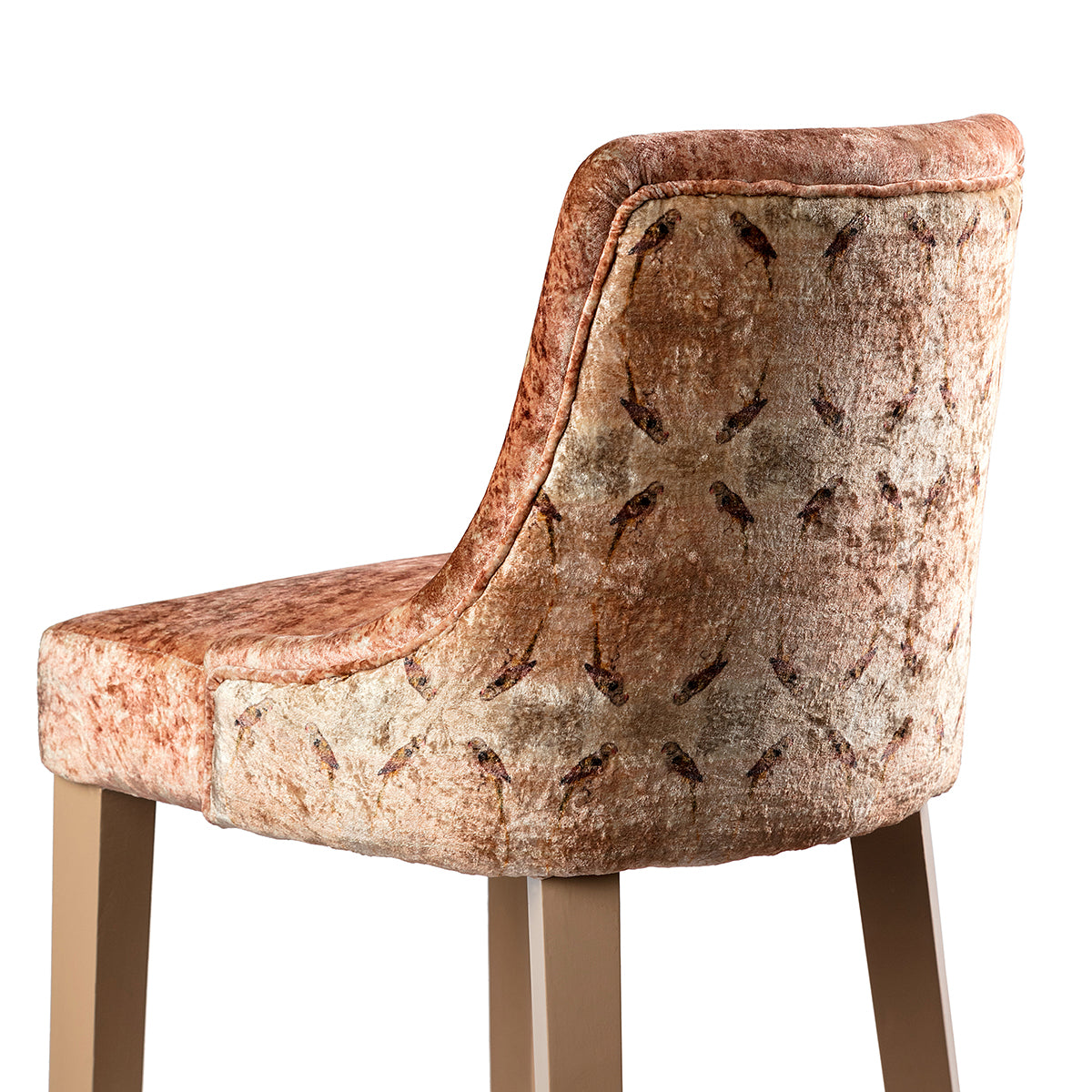 Side View Parrot Pink Velvet Wood Bar Chair