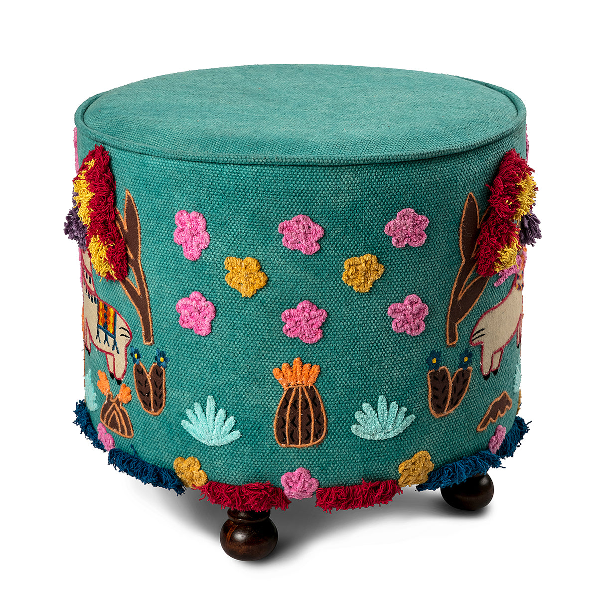 The Applique Llama Dhurry fabric and supported on a teak wood frame Stool