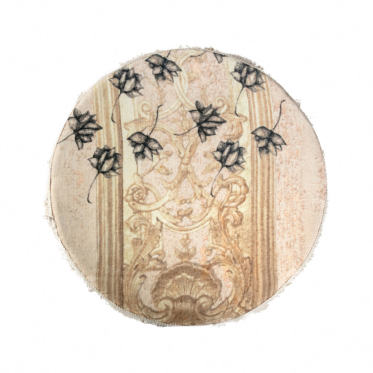 Antique Lotus Basket Stool comfortable velvet seat with a print of lotus sketch art