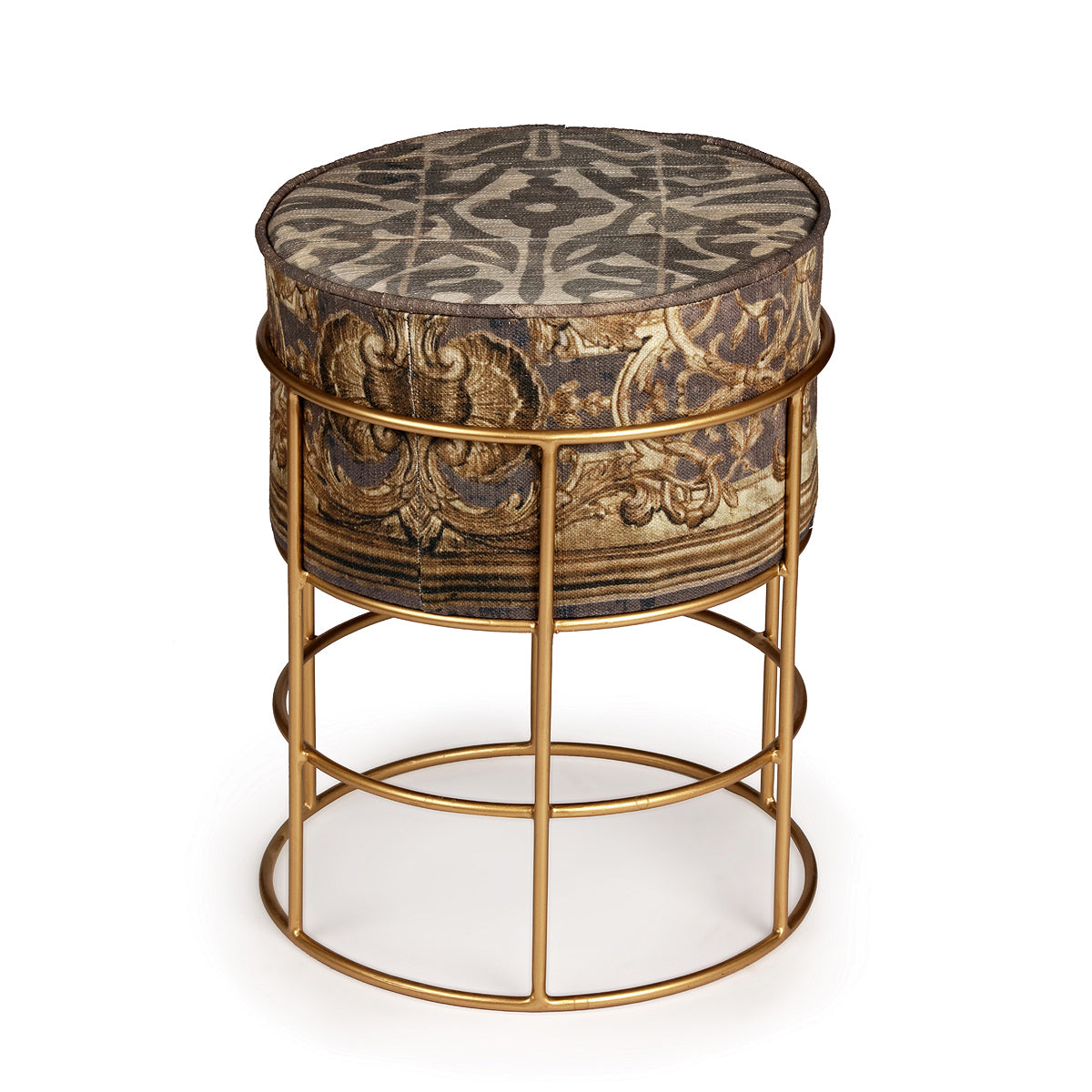Antique Motif Mini Basket Stool with custom print plush velvet seat and golden stainless steel frame