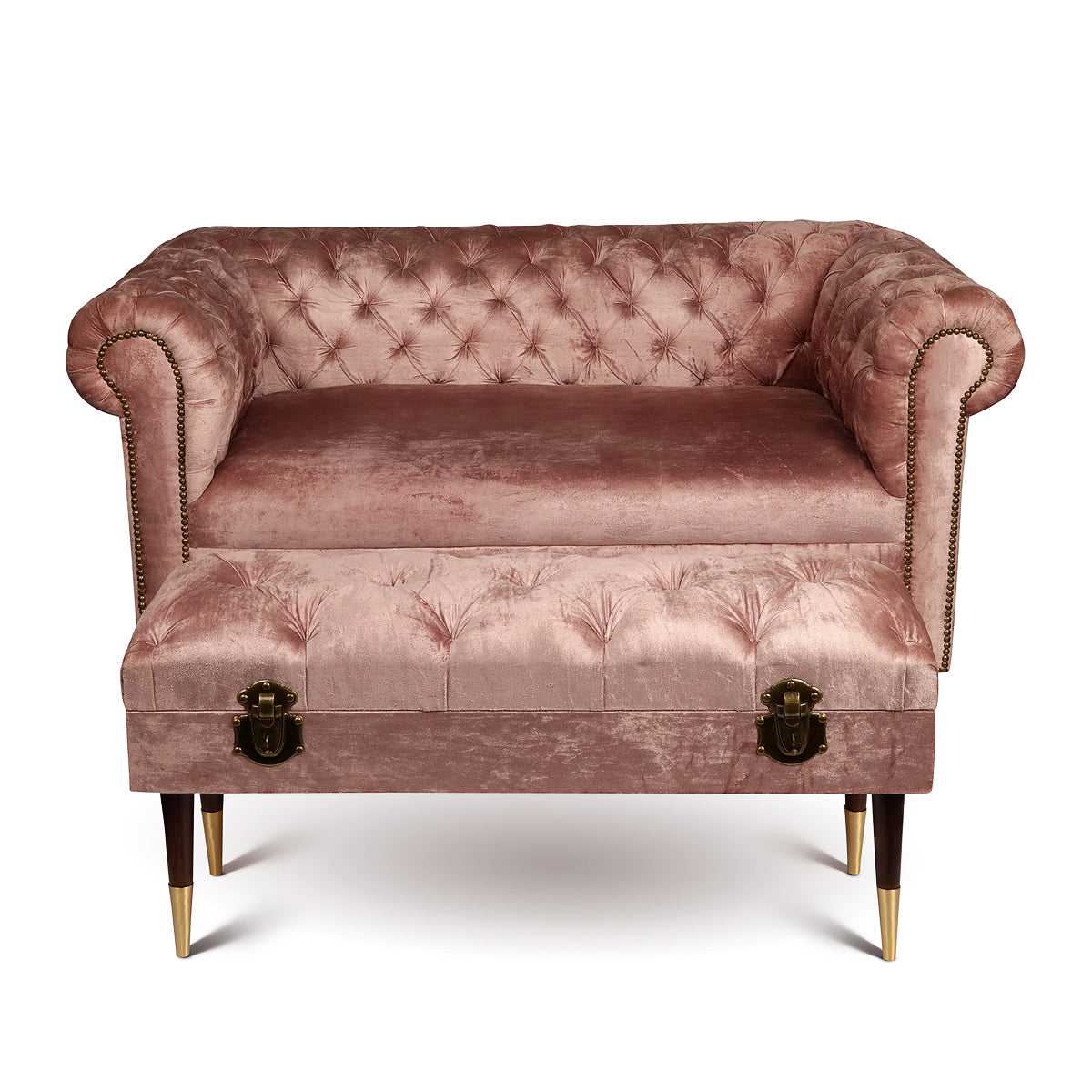 Chesterfield Pink Pure soft Velvet & Supported on a Teak Wood legs Loveseat & Bench