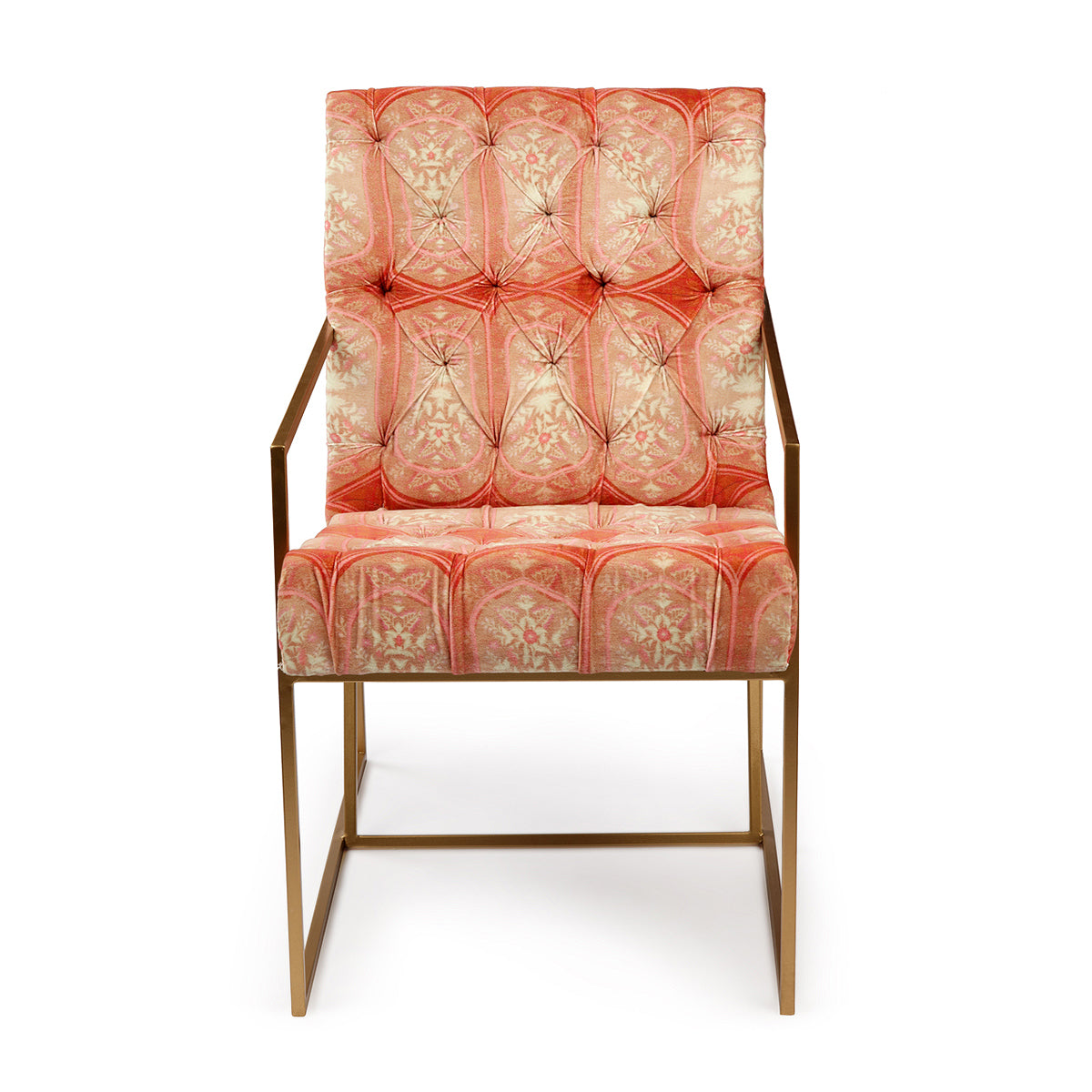 Mughal Motif in Tones of blush pink & Orange With the golden Metal Arms Chair