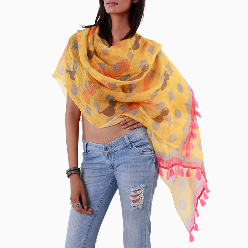 Shades of Yellow & Orange Birdie Design Linen Stole