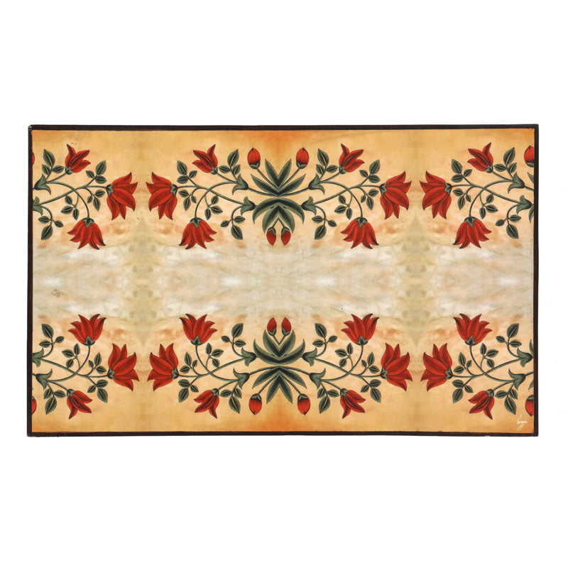 Beautiful artwork displayed on top Red Motif Wooden Folding Bed Table