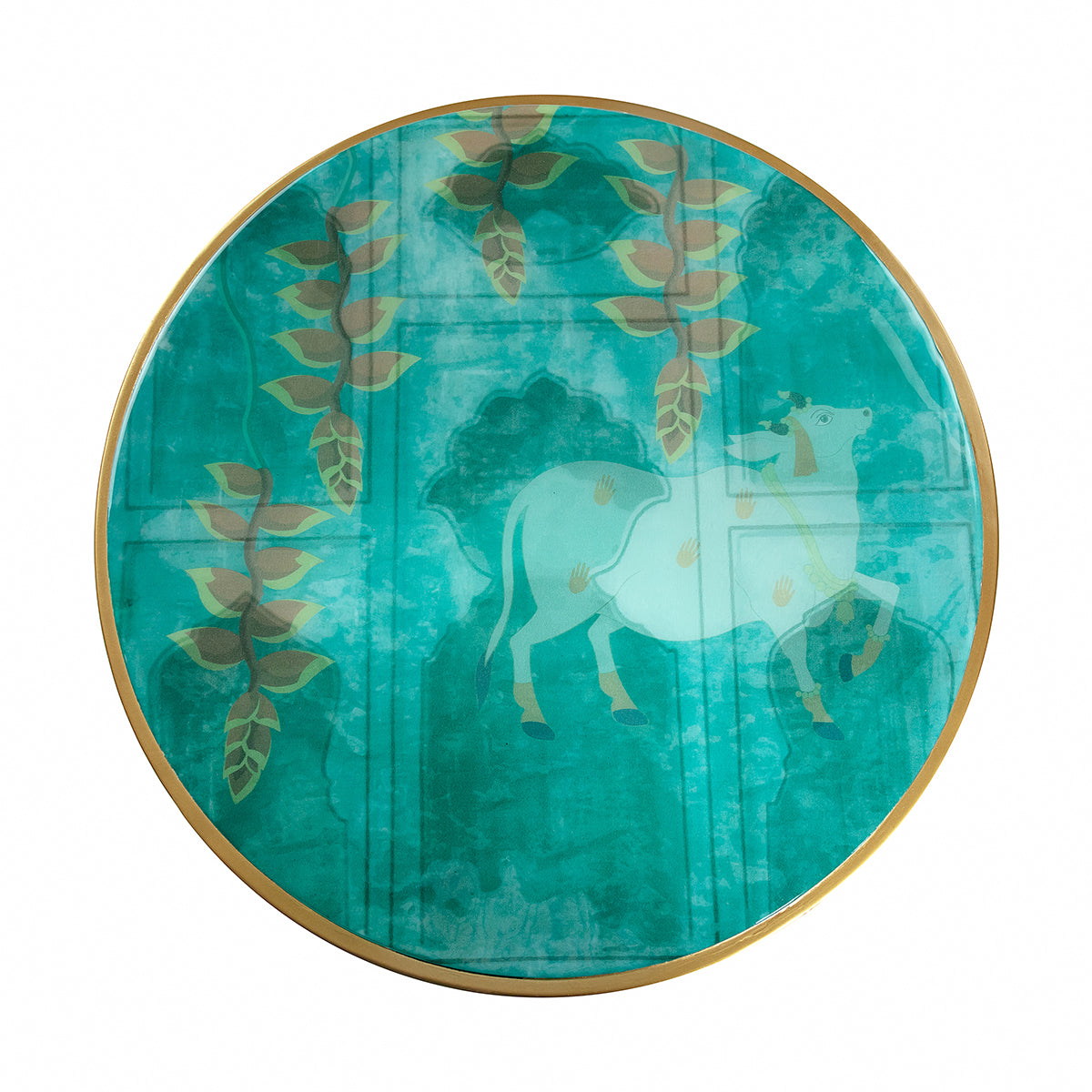 Teal mint green with nandi cow art Pichwai Metal Cross Accent Table