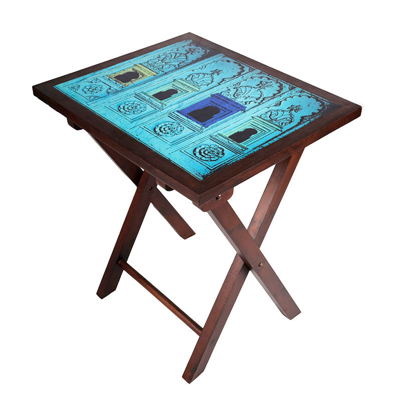 Jharoka Blue Wooden Folding Table - Artychoke