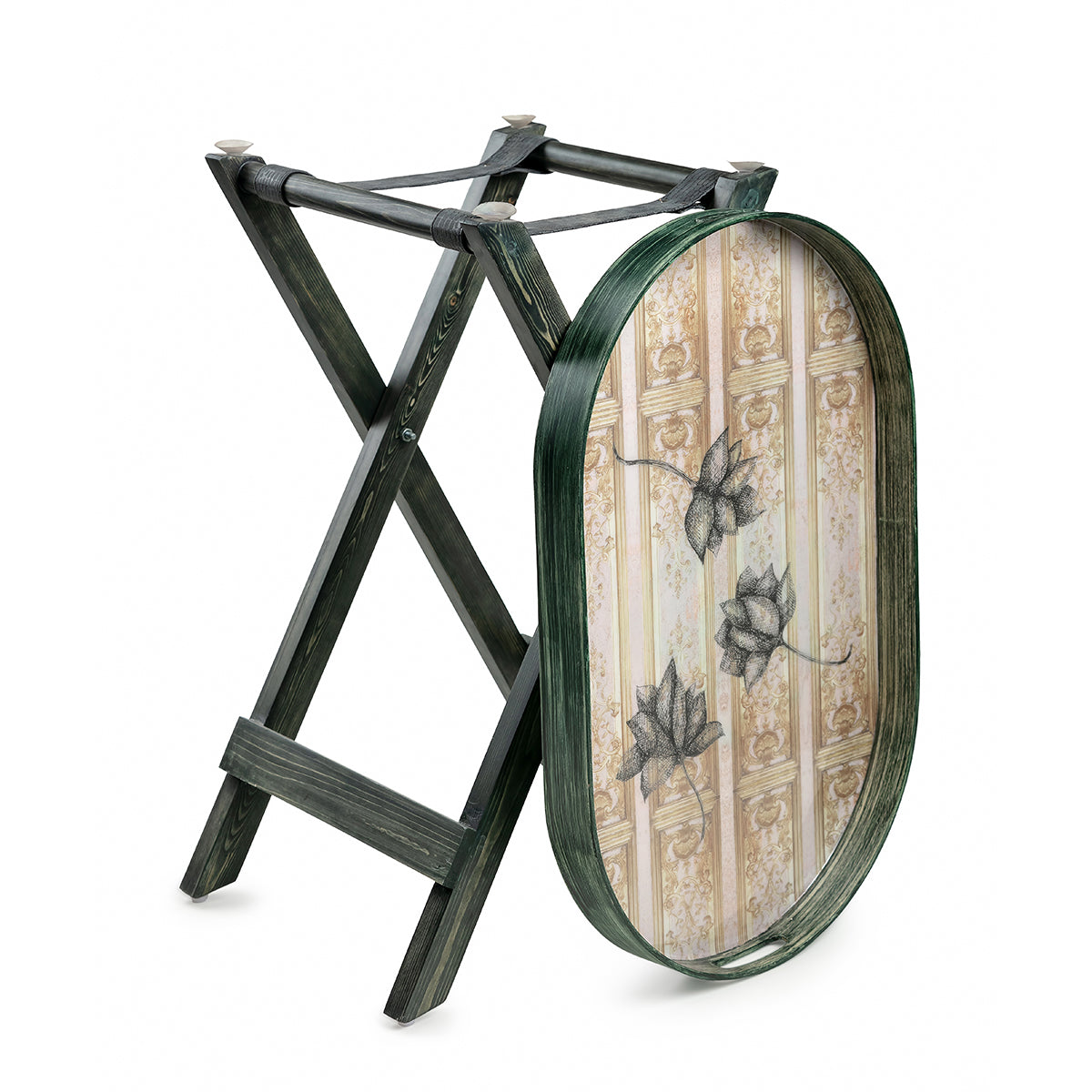 Green Antique Lotus Oval Butler folding tray stand table for brighten any room