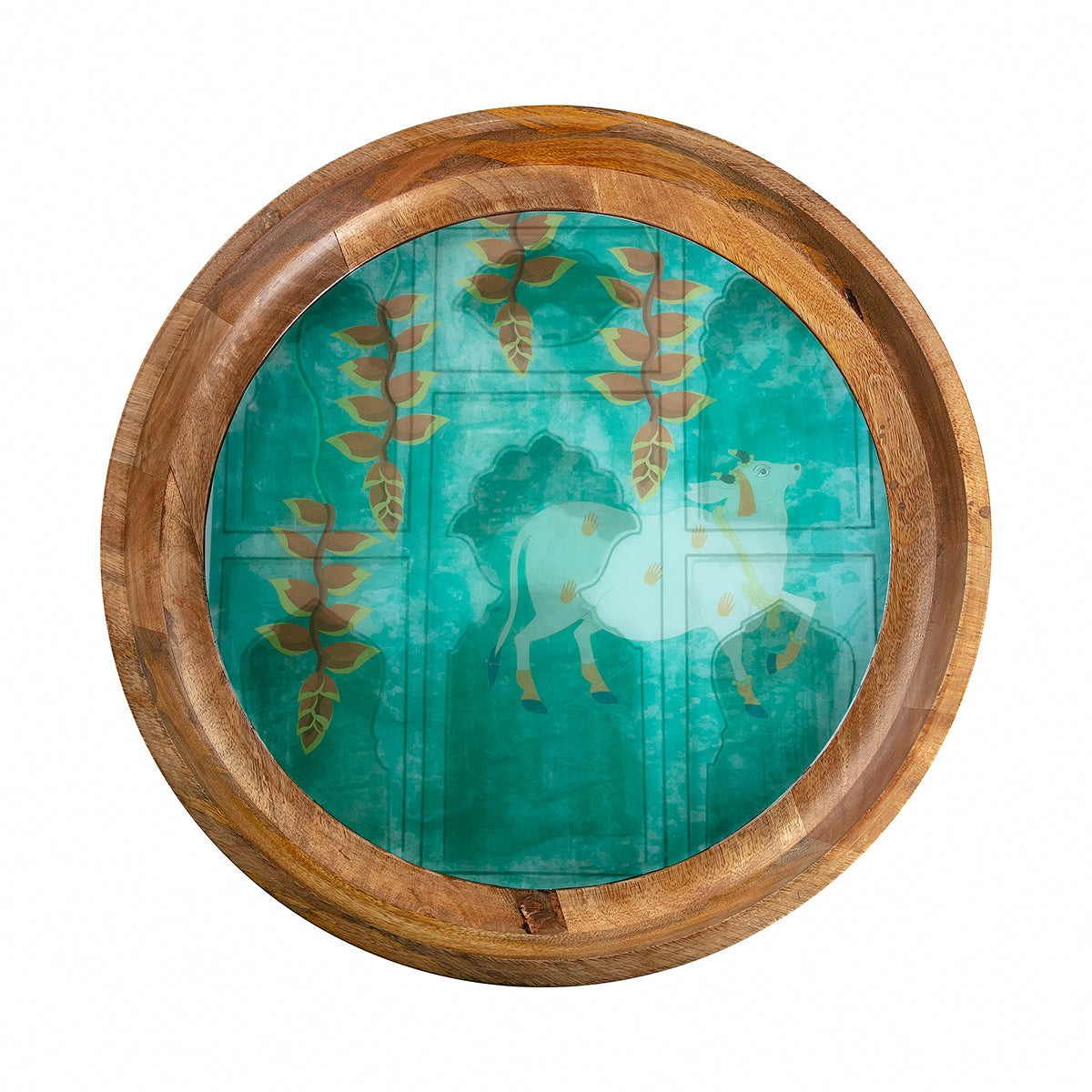 Beautiful glossy finish Dwarka Pichwai art Peg Wooden Table