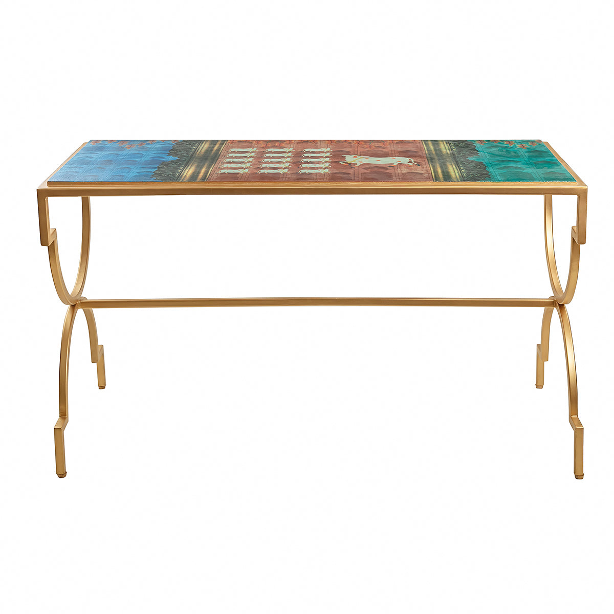 Beautiful pichwai artwork in blue, orange & green Colour Tile Long Table