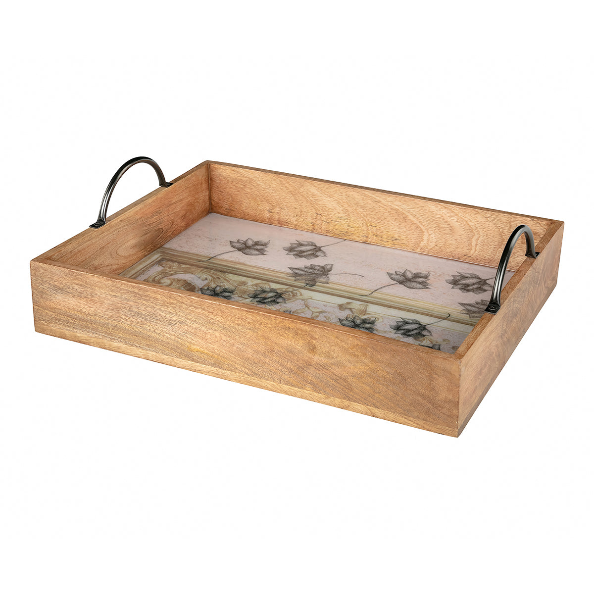 Antique Lotus Crate Wooden With Metal Handles Tray