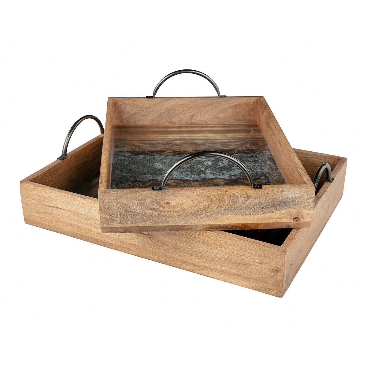 Wooden With Metal Handles Carved Cement Crate Trays