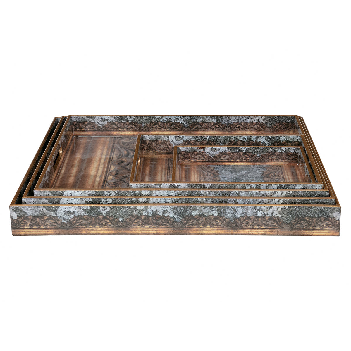 carved cement motif Wooden Tray in black & gold on a grey background