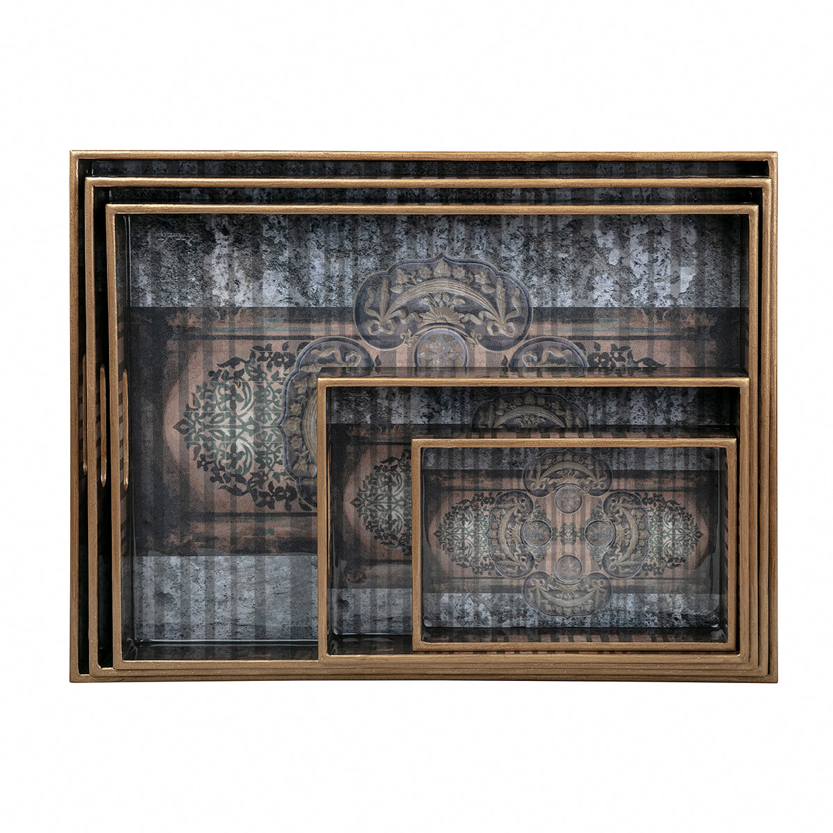 Antique Motif in Black & Gold on a Grey Background Trays