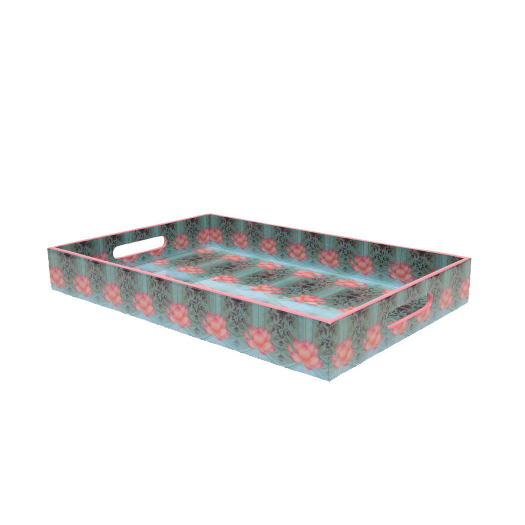 Blue Lotus Wooden With Enamel Trays