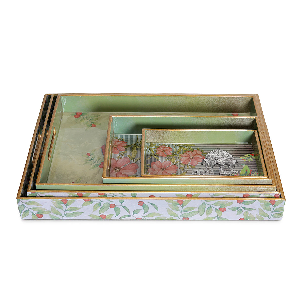 Detailed Motif Haveli Eclectic Rectangular Wooden Tray Set