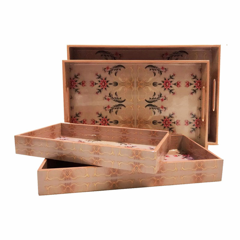 Rose Quartz Wooden with Enamel Trays (Set of 4)