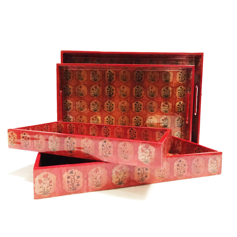 Wood With Enamel Rustic Motif (4 of Set) Trays