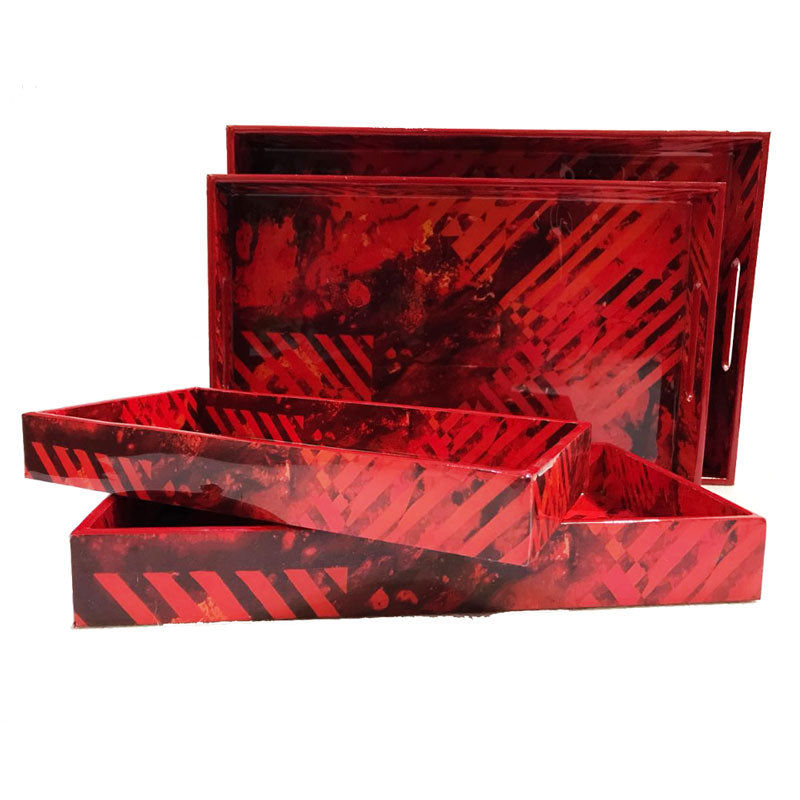 Buy Red Strokes Trays (Set Of 4)