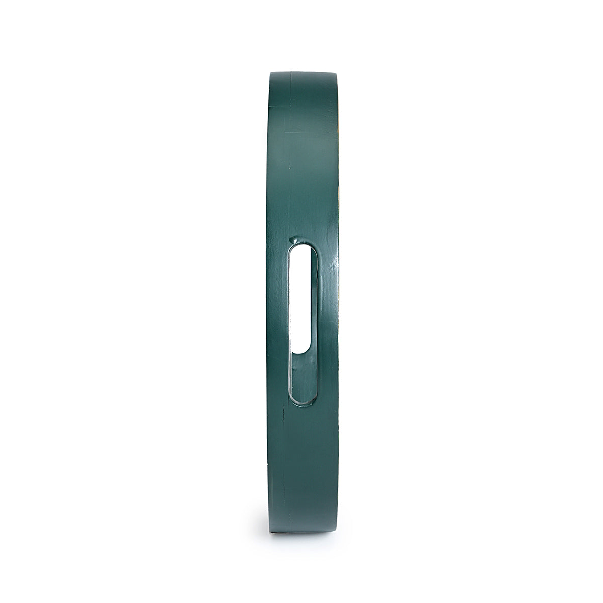 Side view of a round tray in teal green