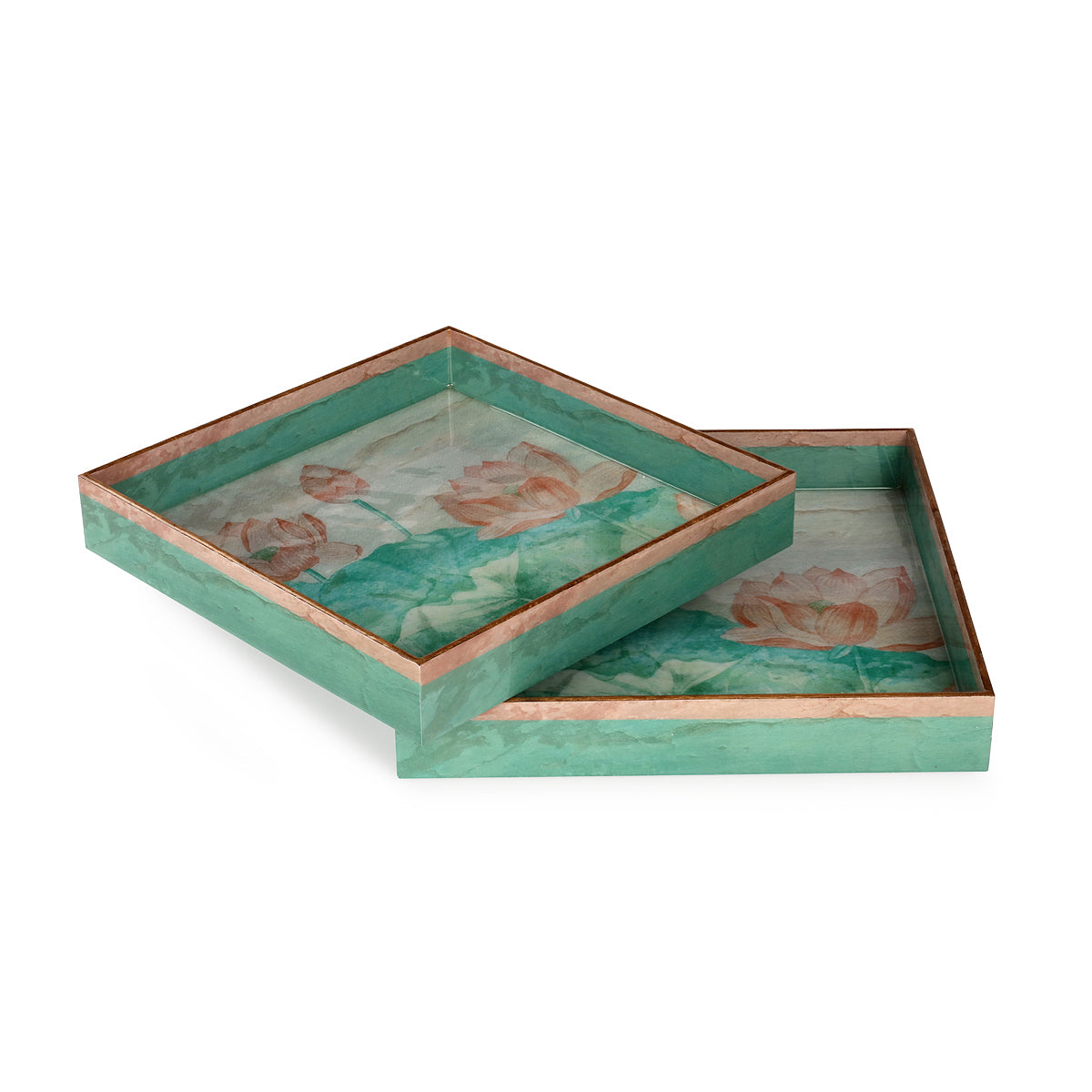Saiara Lotus Pink & Green on a Sepia Background Square Tray