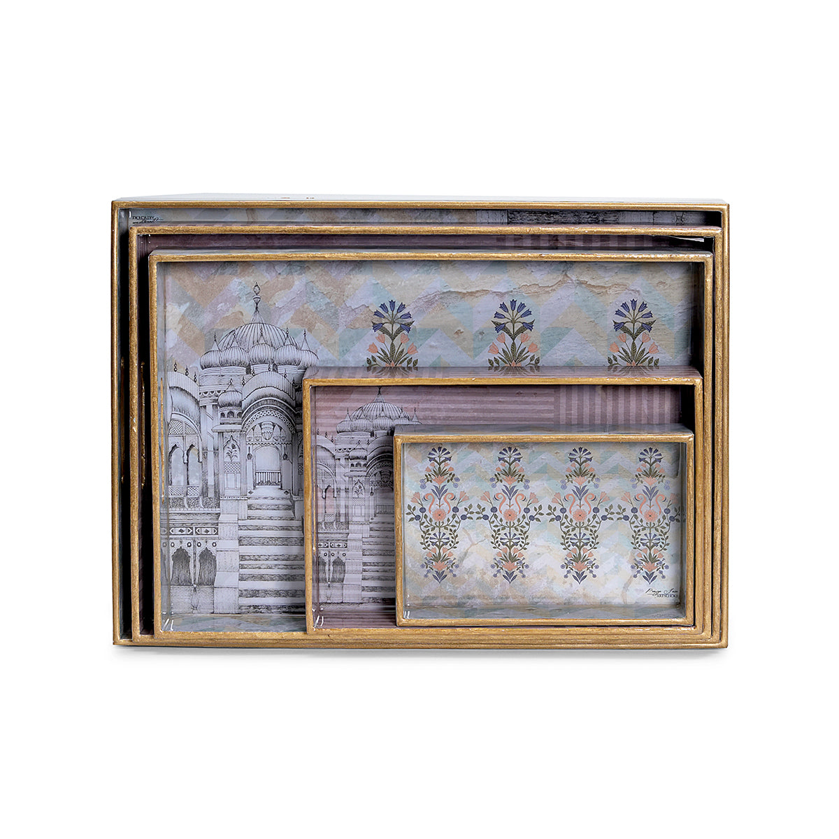 Haveli Rustic Rose & Pistachio Rectangular Wooden Tray Set