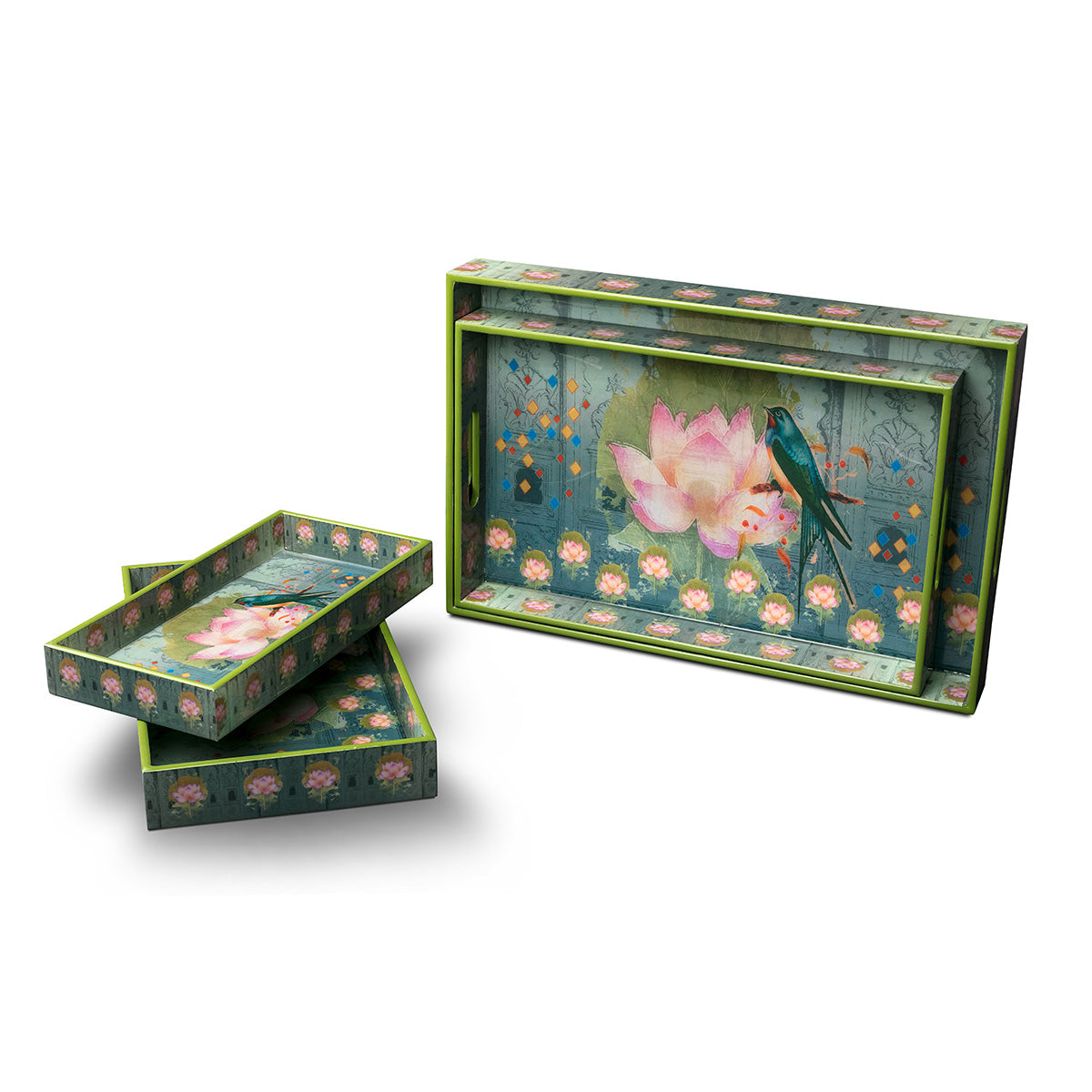Wood With Enamel Vintage Bird Tray Set