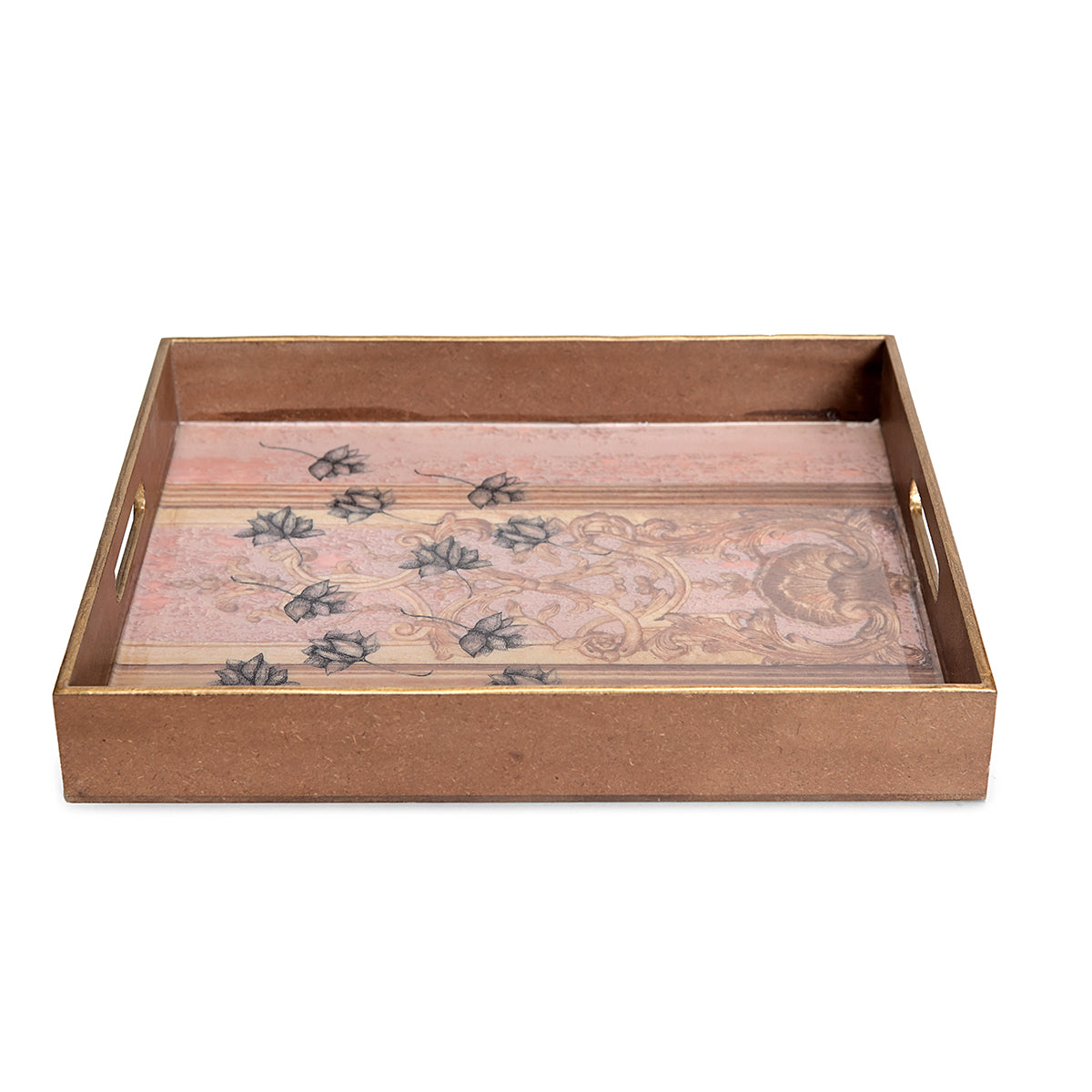 Antique Lotus Rectangular Light Wooden Tray