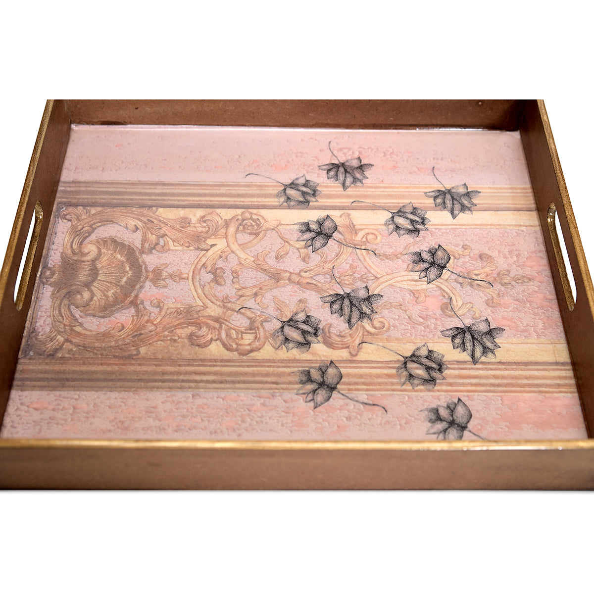 Luxurious Wooden Tray with Antique Lotus Design