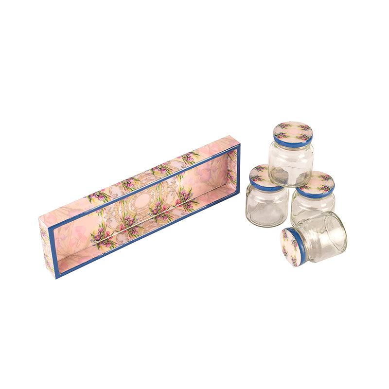 Pink Watercolor set of four Glass jars & Wooden Tray