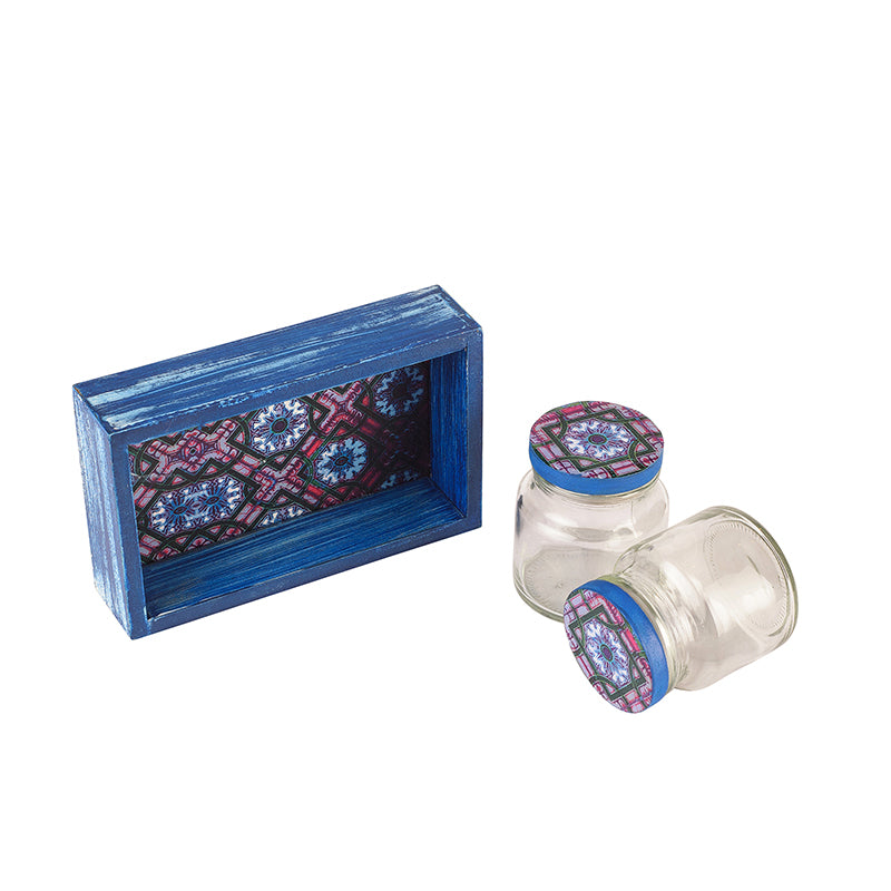 Buy Royal Blue Two Glass Jar & One Wooden Tray Set