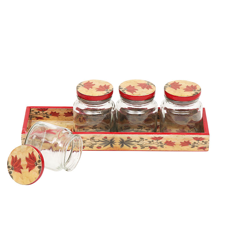 Handmade Red Motif Set of four Glass Jars & One Wooden Tray