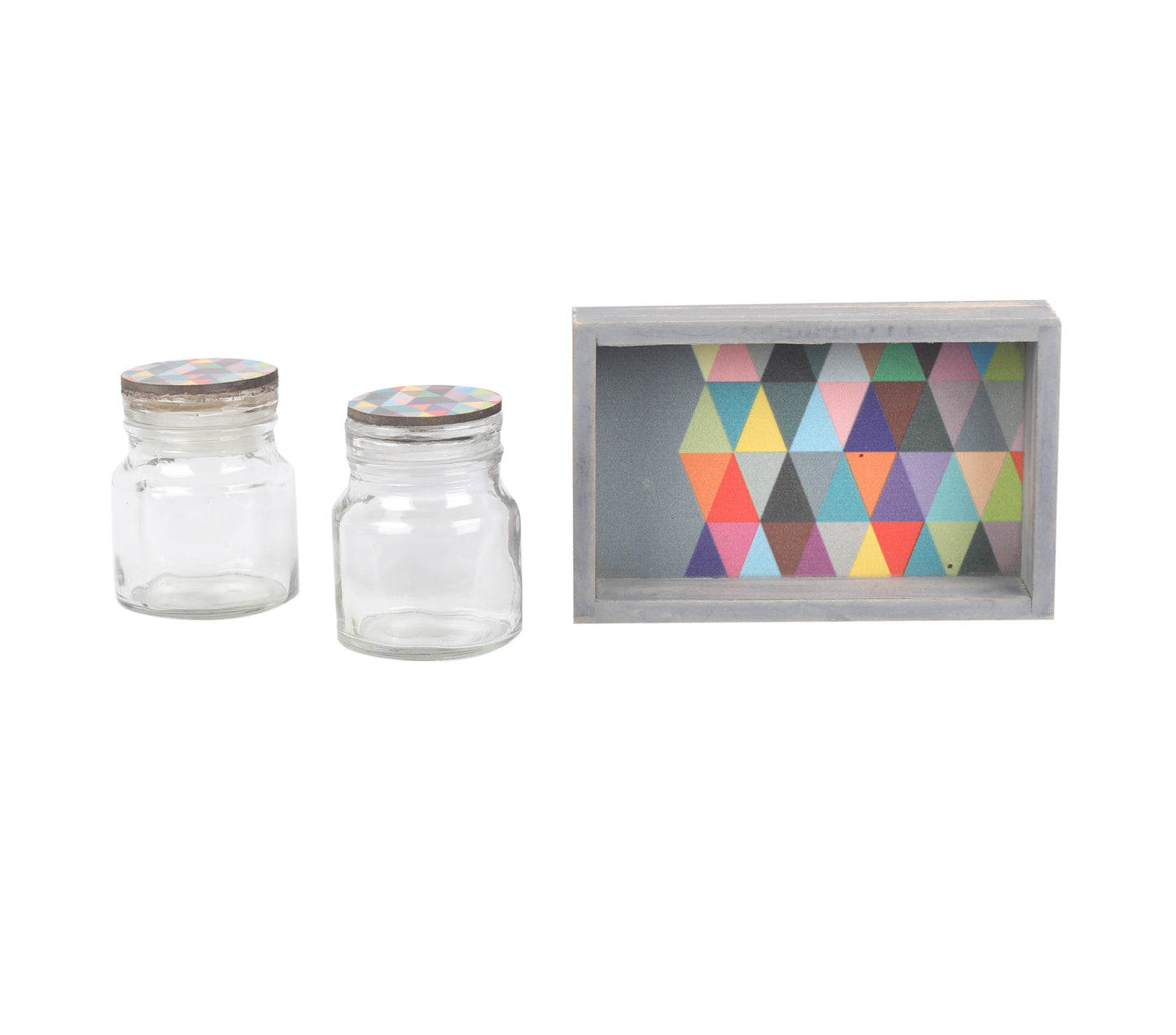 Triad Set of Two Glass Jar & One Wooden Tray