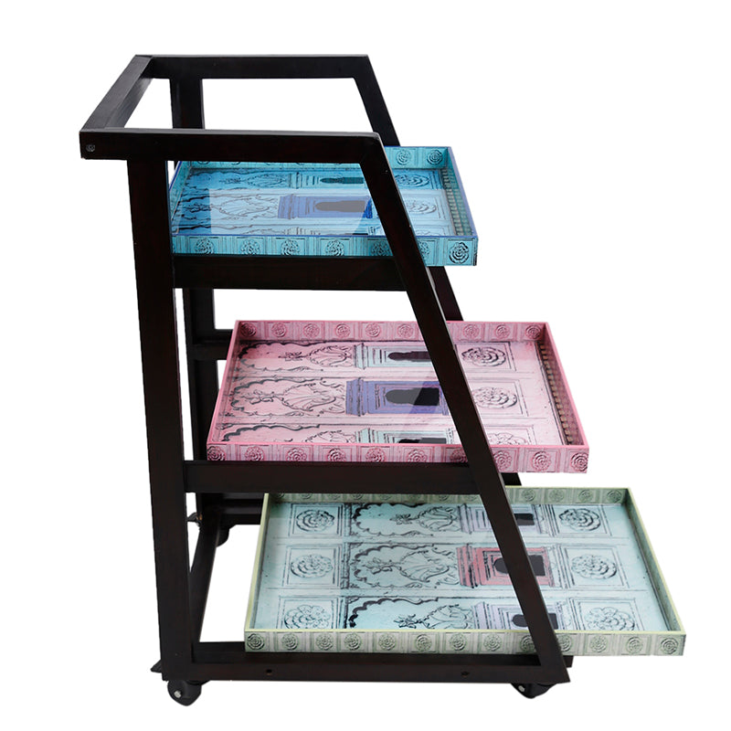 Jharoka Blue, Pink & green color Three Tier Trolley