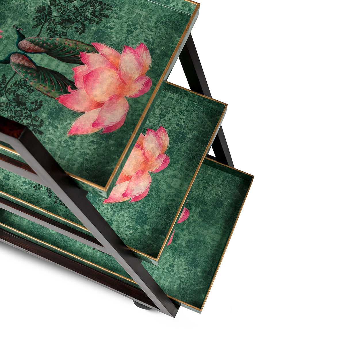 Peacock & flowers on teal green Colour design Three Tier Trolley