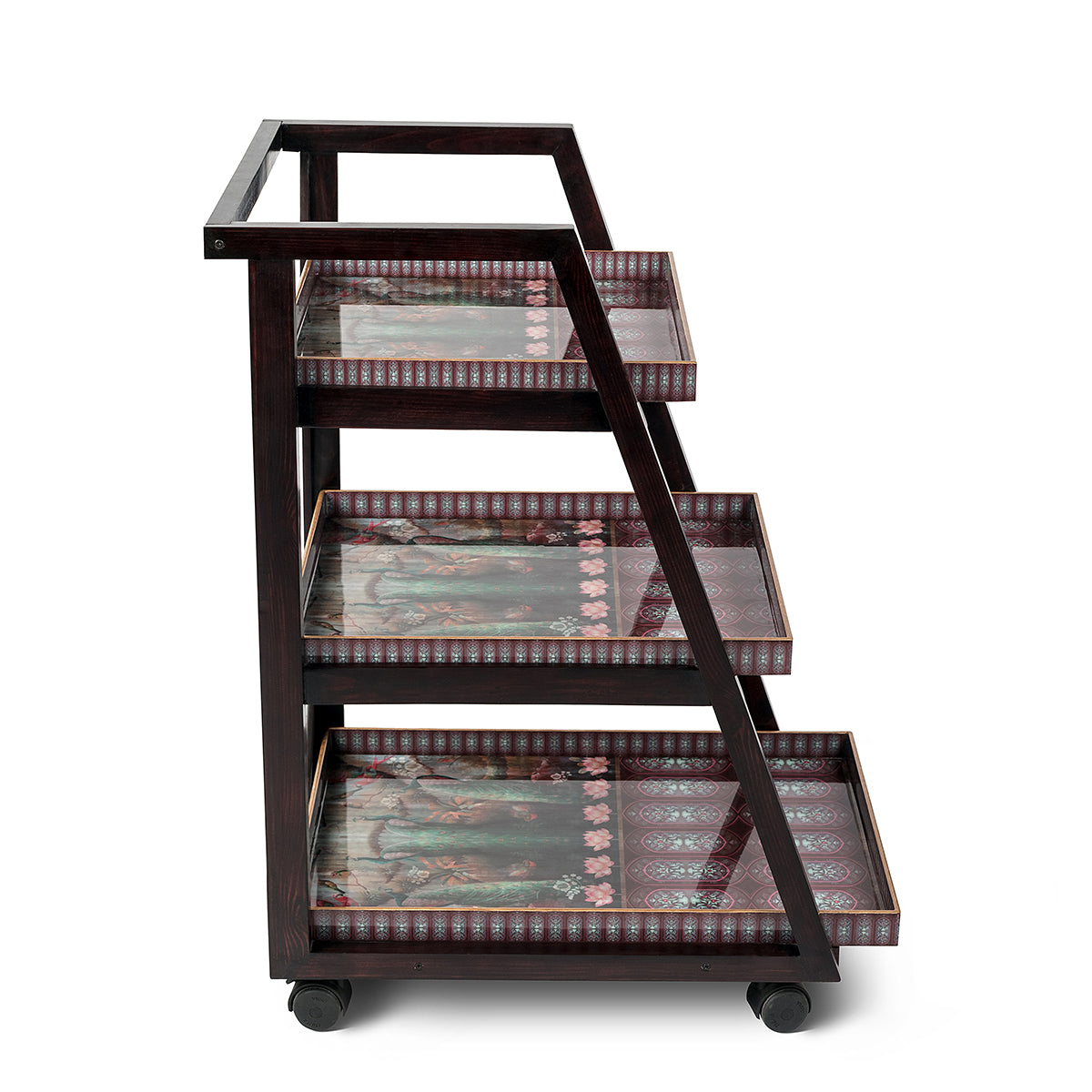 Peacock with mughal motif lotus design Three Tier Trolley