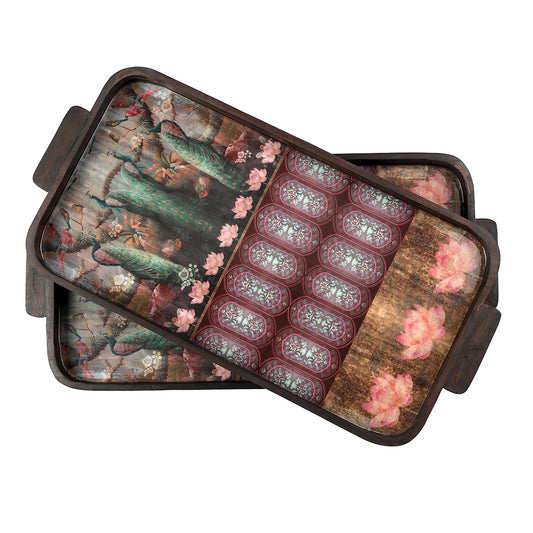 Peacock Lotus Wooden Tray (Set of 2) - Artychoke