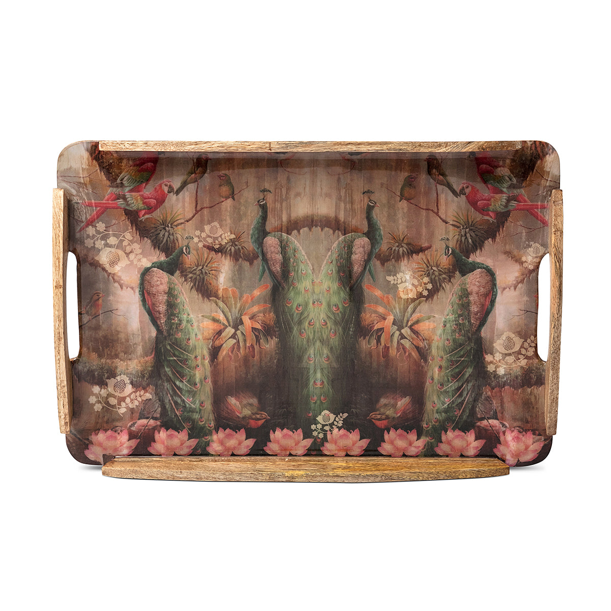Peacock Wooden With Metal Handles Trays