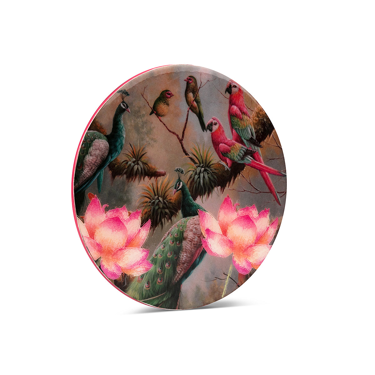 Shades of green, wine & pink Peacock Lotus Round Trivets