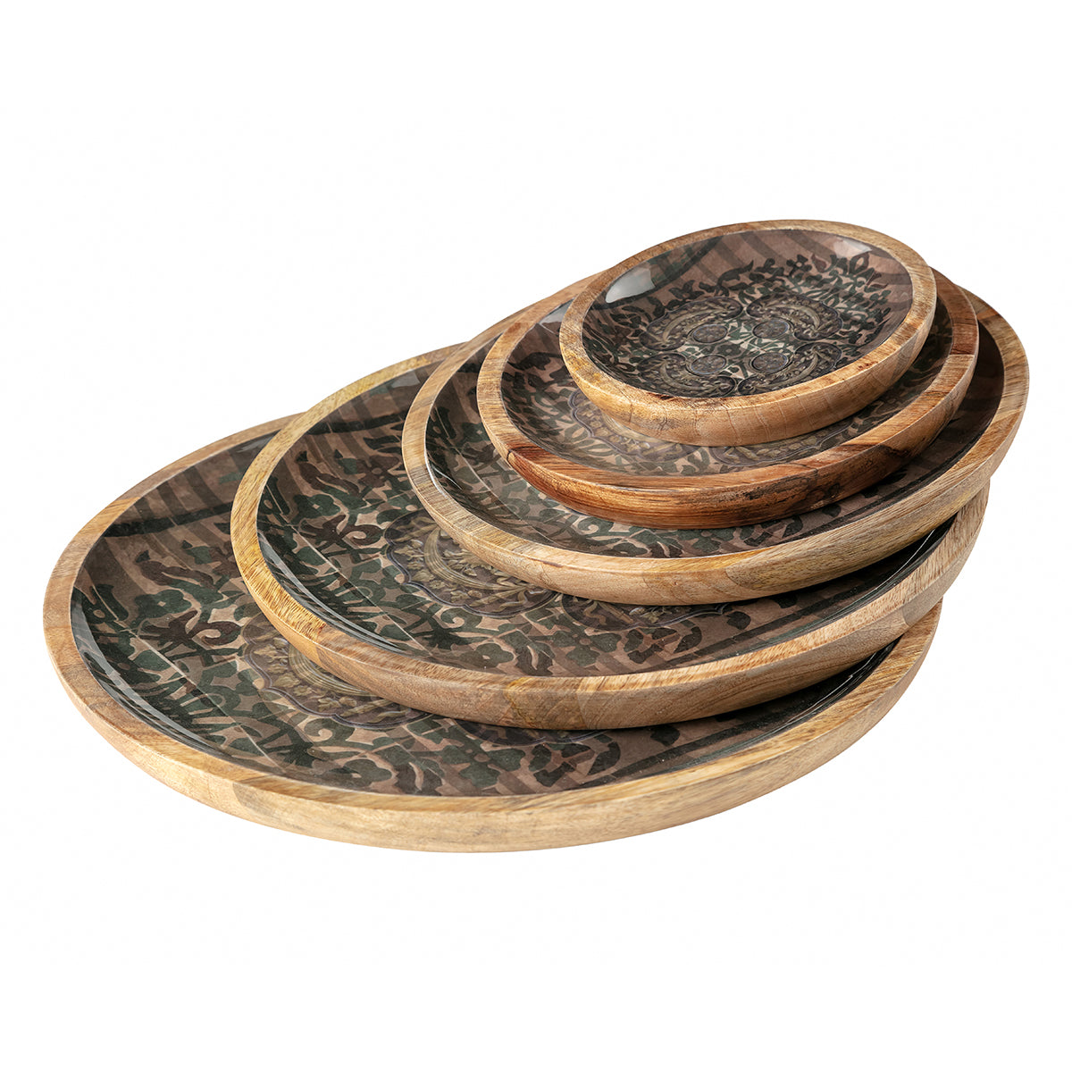Antique Motif Round Wooden Plate Set
