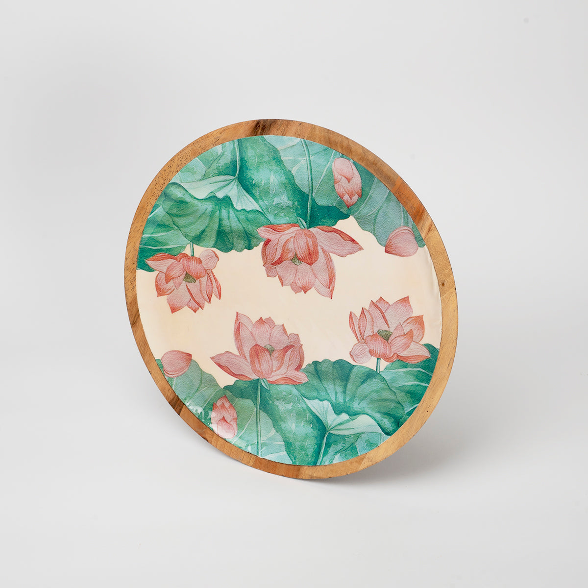 Handcrafted Saiara Lotus Motif Wooden Round Plate Set