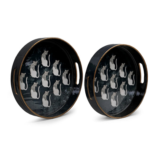 Set of two black, round glossy trays  featuring Jaguars with a sleek finish, perfect for serving or decorative purposes, adding a touch of modern elegance to any space.