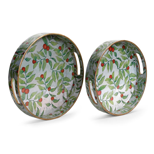 Set of two round trays by Artychoke featuring a vibrant red berries and nature-inspired details.