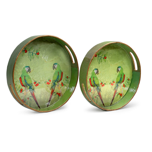 Two round glossy tray with a vibrant parrot design, perfect for serving or as a decorative centerpiece in any home setting.