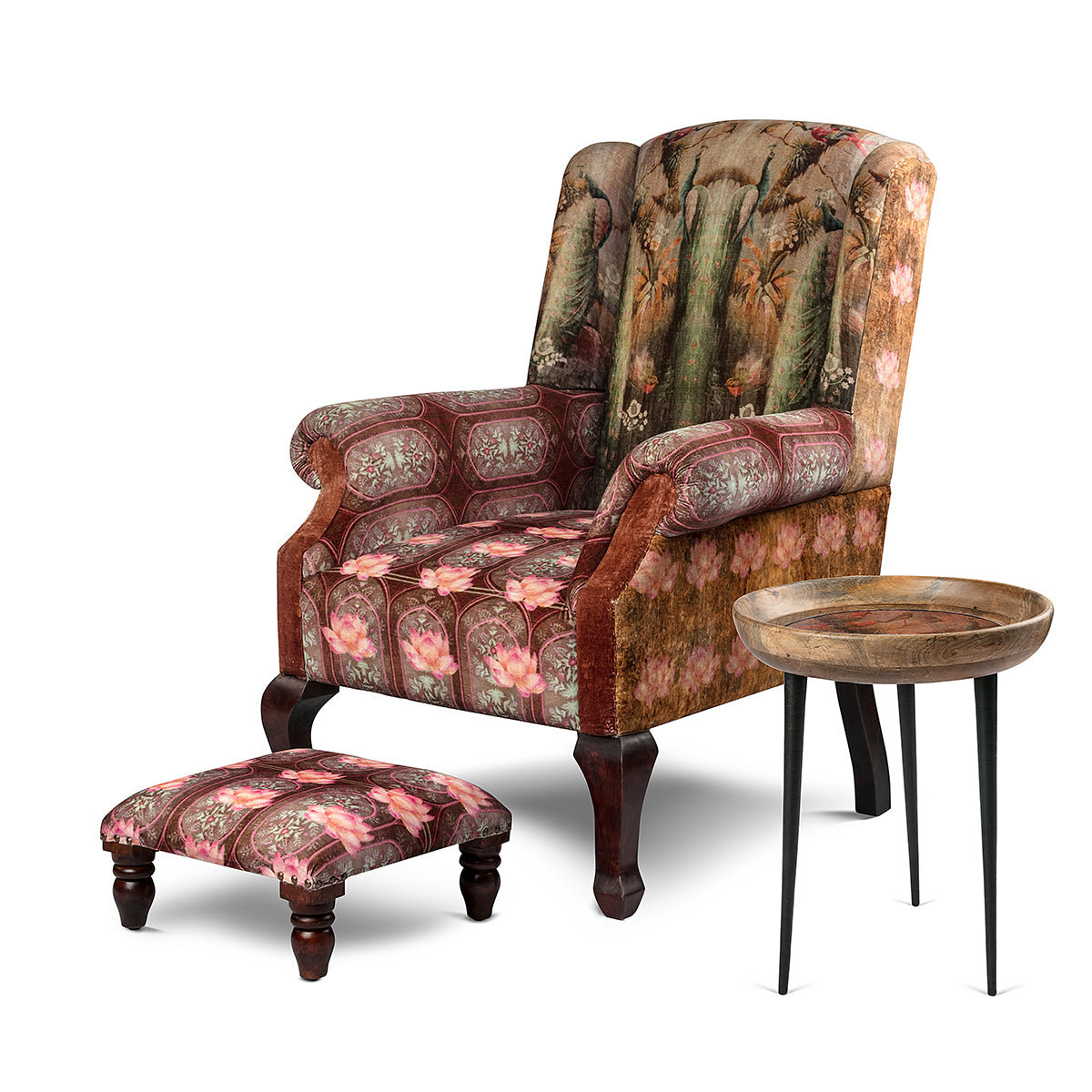 Peacock Grand Wing Sofa Chair with Footstool